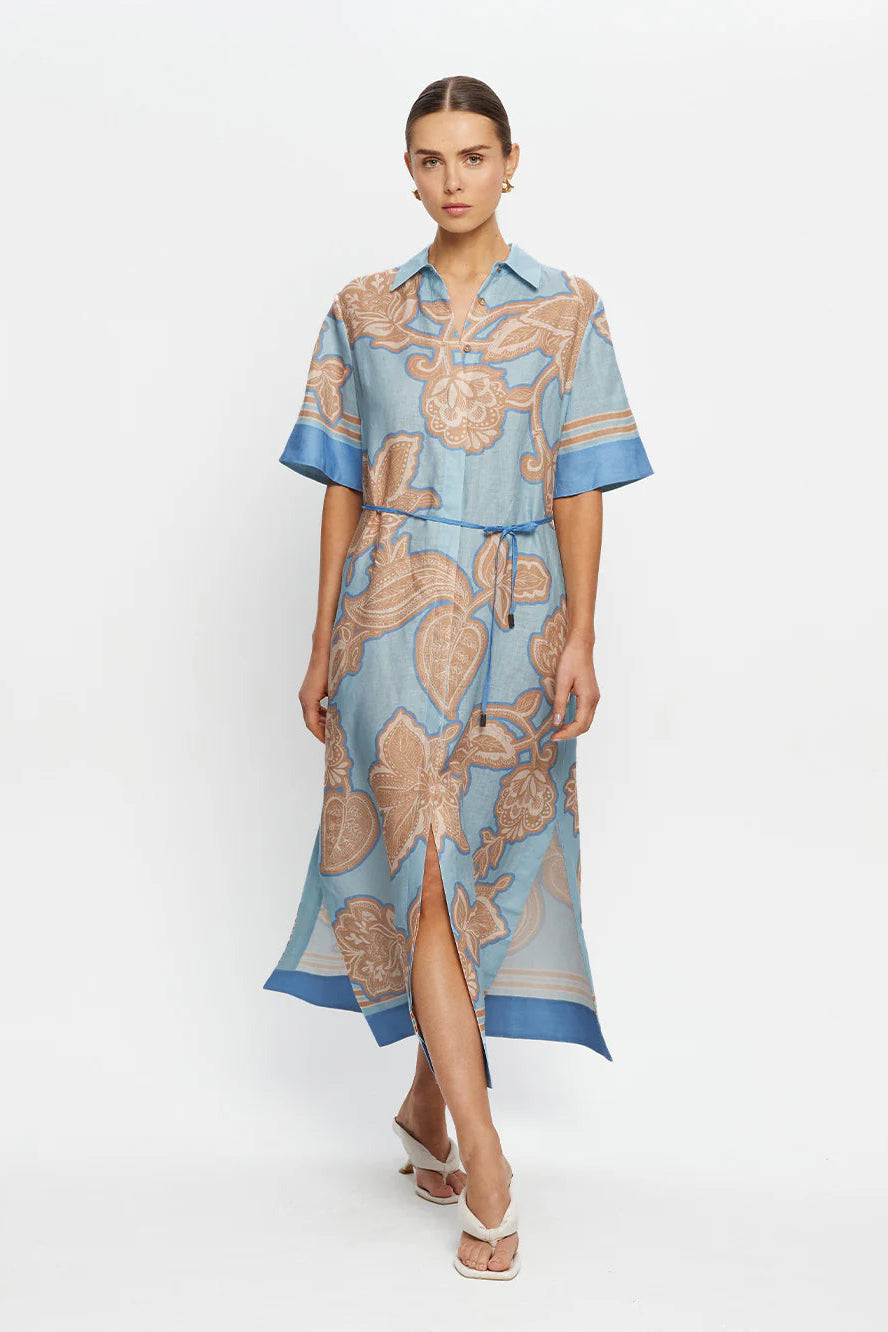 Kivari - Coco Beige/Blue Print Midi Dress