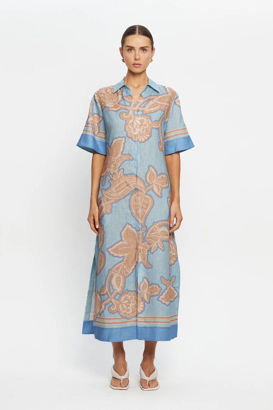 Kivari - Coco Beige/Blue Print Midi Dress