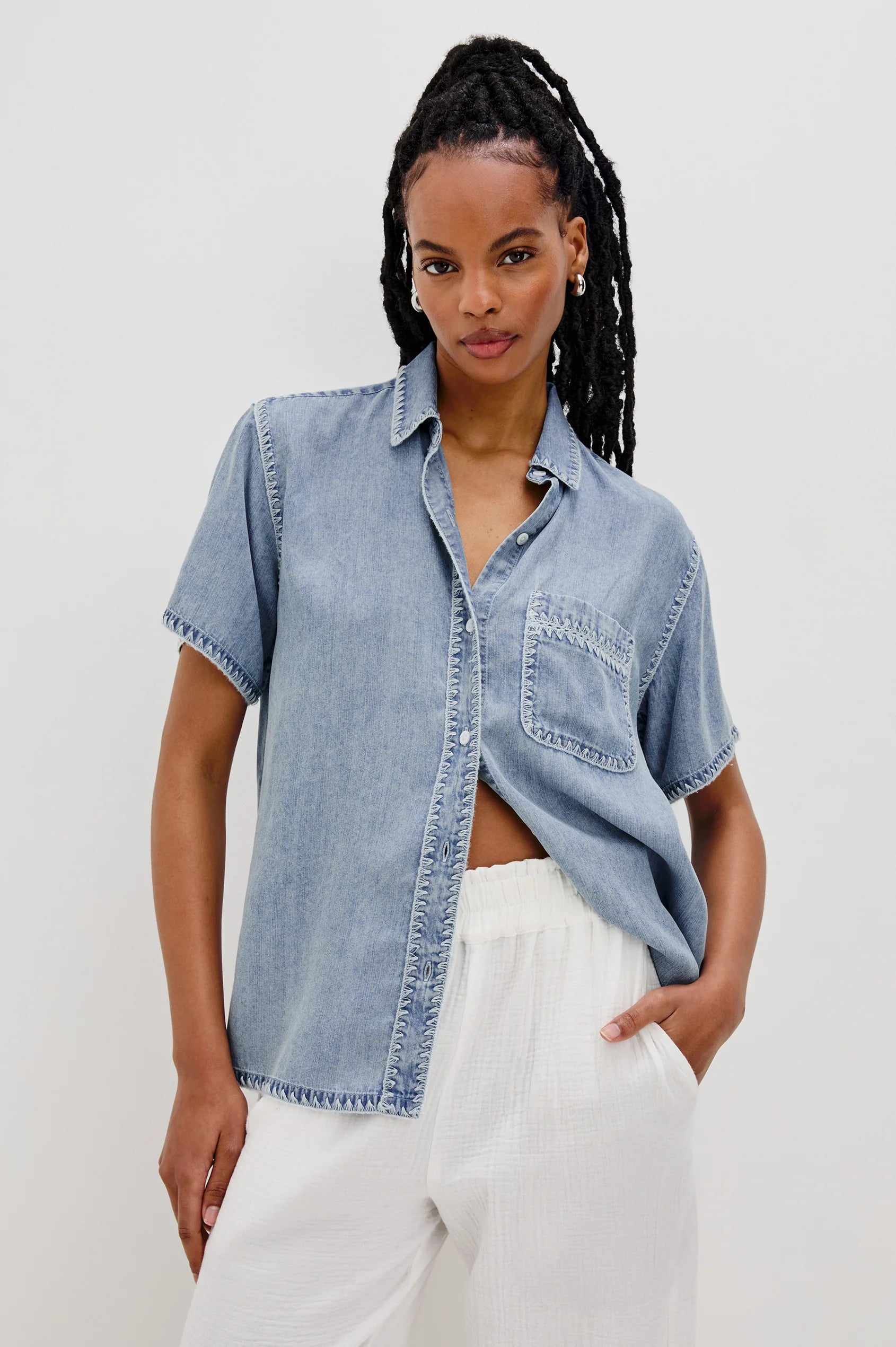 Rails - Lea Short Sleeve  Blanket Stitch Denim Shirt